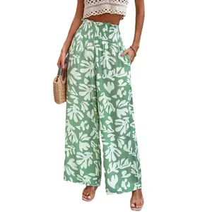 Celana wanita gaya Hawaii 2024, celana wanita kasual, celana bunga, motif kustom, kaki lebar, dengan saku