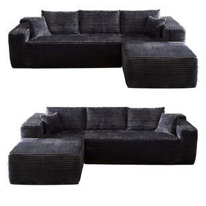 Dark Grey Wide Striped Corduroy Vacuum Compressed L-Shaped Modular Sectional <b>Sofa</b> With Chaise Lounge - Product Image 5