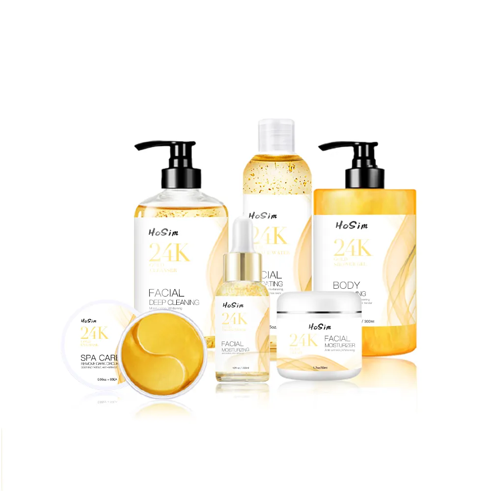 Kit de cuidados com a pele 6 peças 24k, soro facial, creme de limpeza, tonificador de água, gel de banho de máscara para os olhos, etiqueta privada