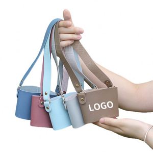 Custom Pu Leather Printed Logo Adjustable Glass Coffee <b>Tea</b> Cup Sleeve Holder With Strap - Product Image 1
