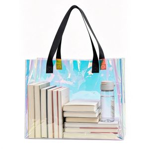 Custom logo Clear PVC Laser Shopping Tote Bag Waterproof Transparent Holographic Handbag With Black Handle - Product Image 1