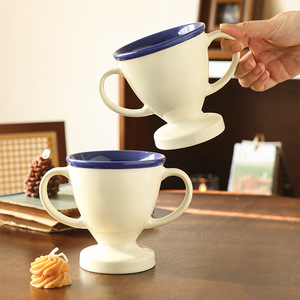 Ceramic Double Handle <b>Mug</b> Trophy Blue Rim <b>Reusable</b> For Gift - Product Image 1