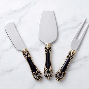 Juego de cuchillos para queso de acero inoxidable, 3 piezas, mango negro, ribete dorado, herramientas duraderas para queso, utensilios de cocina - Product Image 1
