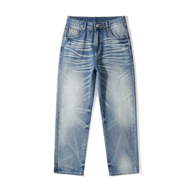 Wholesale Men Ice Blue Heavy Washed Straight Denim Pants, Cat Whisker Brush Ripped Casual Jeans Custom Available