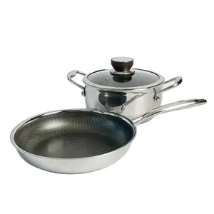 304 Stainless Steel Non Stick Cookware Sets 2 Pcs Set Honeycomb Nonstick Fry Pan and Cooking Pot for Family Kitchen Use