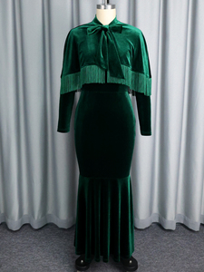 Robe de soirée longue en velours à manches longues avec cape, à franges vertes, pour Noël, modèle AM050848 - Product Image 4