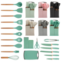 Ensemble de 19 ustensiles de cuisine en silicone avec spatules et accessoires de cuisson à manche en bois