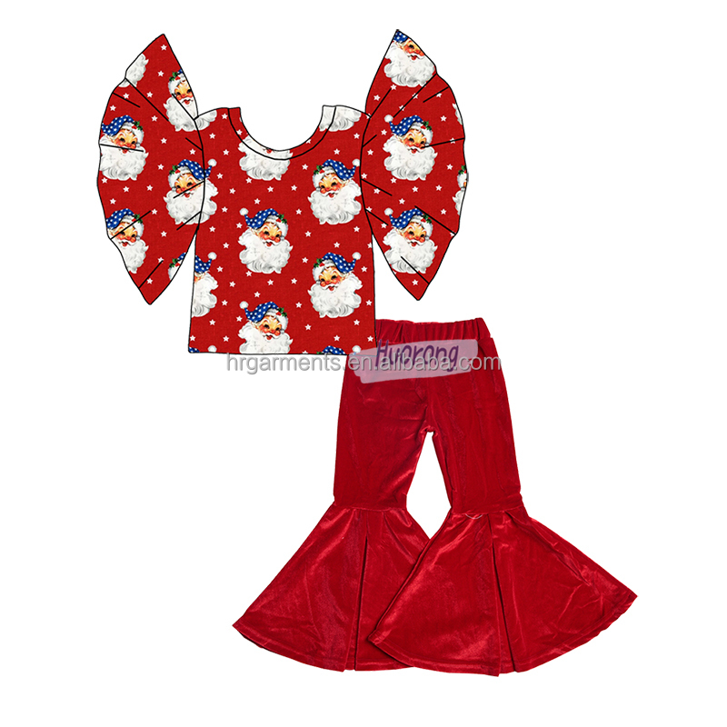 Комплекты одежды для девочек из бутика, Рождественский красный топ с рукавами-фонариками, подходящая Вельветовая милая детская одежда с колокольчиком