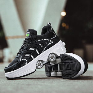 Roller Shoes Kids Automatic Retractable Wheel Sneakers Black White Size 33 43 Mesh Lining Double Row Wheels Sport Shoes - Product Image 1