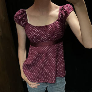 Camiseta de Verano para Mujer, Linda, con Estampado de Lunares, Cuello Cuadrado, Lazo Dulce, Impresión Digital Ecológica, Casual, de Manga Corta, Estiliza la Figura - Product Image 4
