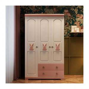 Armoire en bois massif de haute qualité, écologique, mignonne, rose et blanche, avec décoration d'animaux mignons - Product Image 1