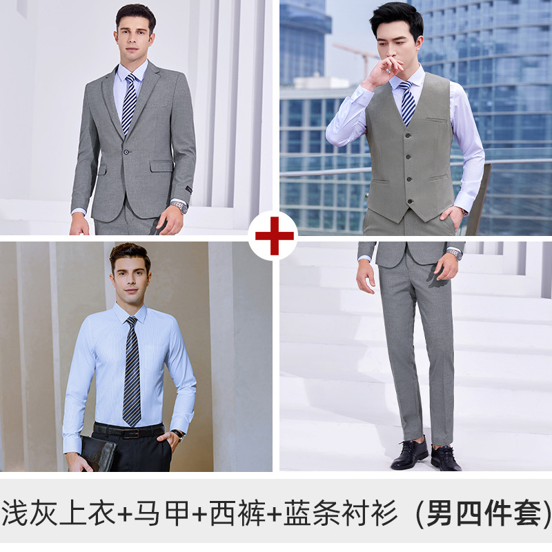 Men's light gray suit, vest, shirt, and trousers