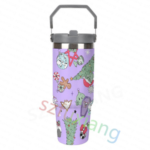 Vaso de paja con tapa de diseño navideño de dibujos animados morados con asa, tazas de doble pared de viaje de acero inoxidable para coche - Product Image 6