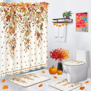 Rideau de douche en polyester à imprimé numérique imperméable, motif feuille d'érable et citrouille de la récolte de Thanksgiving, moderne, vente en gros - Product Image 1