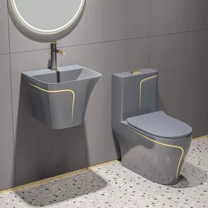 Hotel luxury modern bathroom sanitary ware wc matt grey one piece ceramic wall hung basin and toilet bowl set commode toilet
