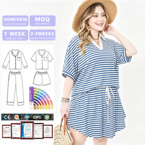 custom plus size loungewear V-Neck Short Sleeve Top & Drawstring Skirt Women Stripe Loungewear <b>Set</b> - Product Image 1