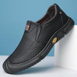 Mocassins en cuir blanc pour hommes, à bout rond, respirants, semelle en caoutchouc, chaussures décontractées de printemps - Product Image 2