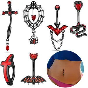 Bat Corss Snake Belly Button Ring Dangle Navel Piercing Ring Heart Zircon Navel Ring Body Piercing Jewelry Umbilical Piercing