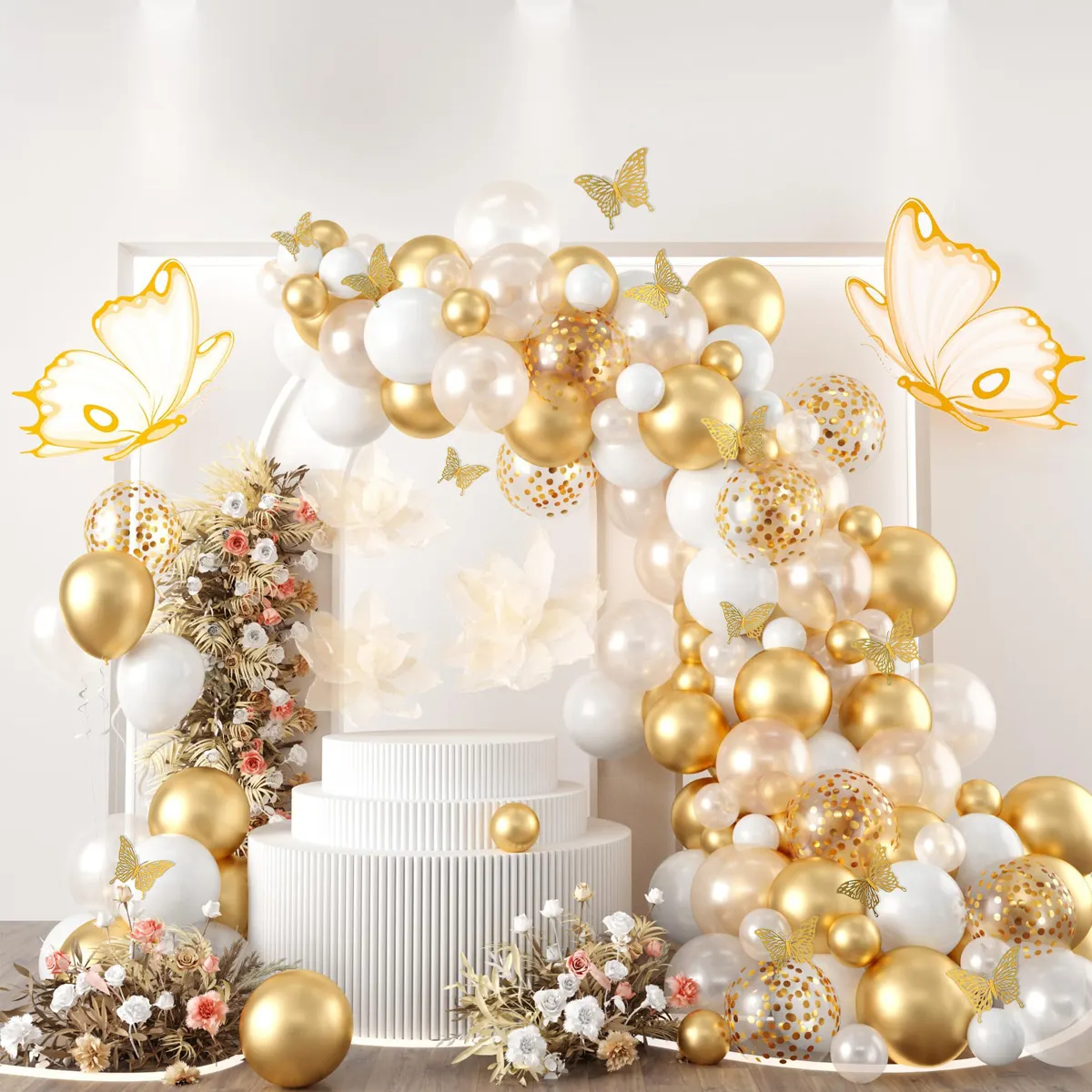 New design Borboleta ouro branco Confetti balões Arch guirlanda kits para o aniversário do casamento decorações do partido fornece decoração home