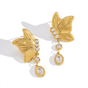 Pendientes con Colgante de Mariposa en Tono Dorado con Cristal de Zirconia, Joyería de Acero Inoxidable para Uso Diario de Mujer - Product Image 5