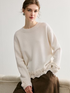 เสื้อสเวตเตอร์ถักไหมพรมคอวีแขนยาวสีชมพูสำหรับผู้หญิง แต่งขอบด้วยลูกไม้ สวมใส่ได้อย่างสง่างามในฤดูใบไม้ร่วง - Product Image 6