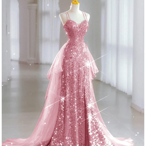 Abito da ballo lungo a trapezio con volant, spacco e spalline sottili, scintillante, in <span class=keywords><strong>tulle</strong></span>, per matrimoni ed eventi formali - Product Image 5