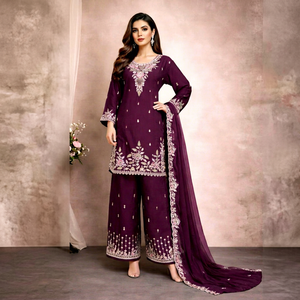 Costume pour femme violet brodé avec dupatta, coupe ample, longueur cheville, tenue traditionnelle indienne pakistanaise - Product Image 1