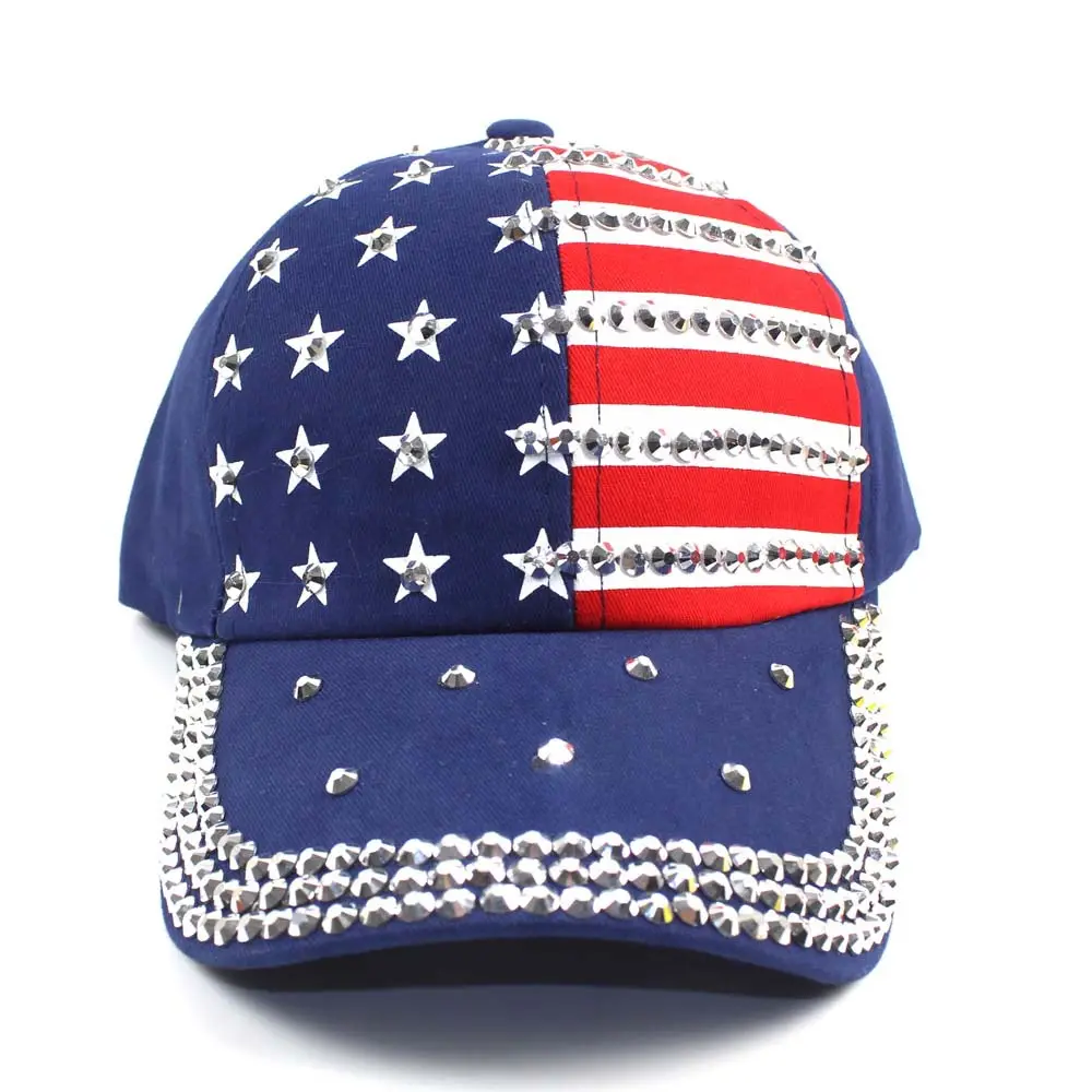 Nouveau drapeau américain à la mode européen et américain serti de diamants, chapeaux de soleil d'été lavés au baseball pour hommes et femmes
