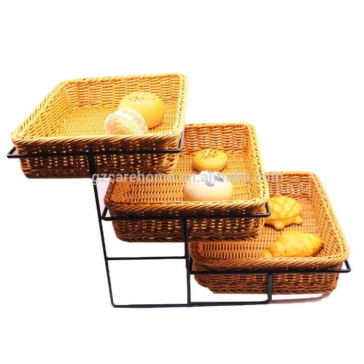Suporte de prateleira dobrável, suporte dobrável de três camadas com cesta de rattan pp para loja de pão e suporte de cesta de supermareket