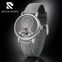 [MOQ 50] Montre mécanique automatique de luxe Rolar Golden pour homme avec tourbillon, bracelet en cuir squelette