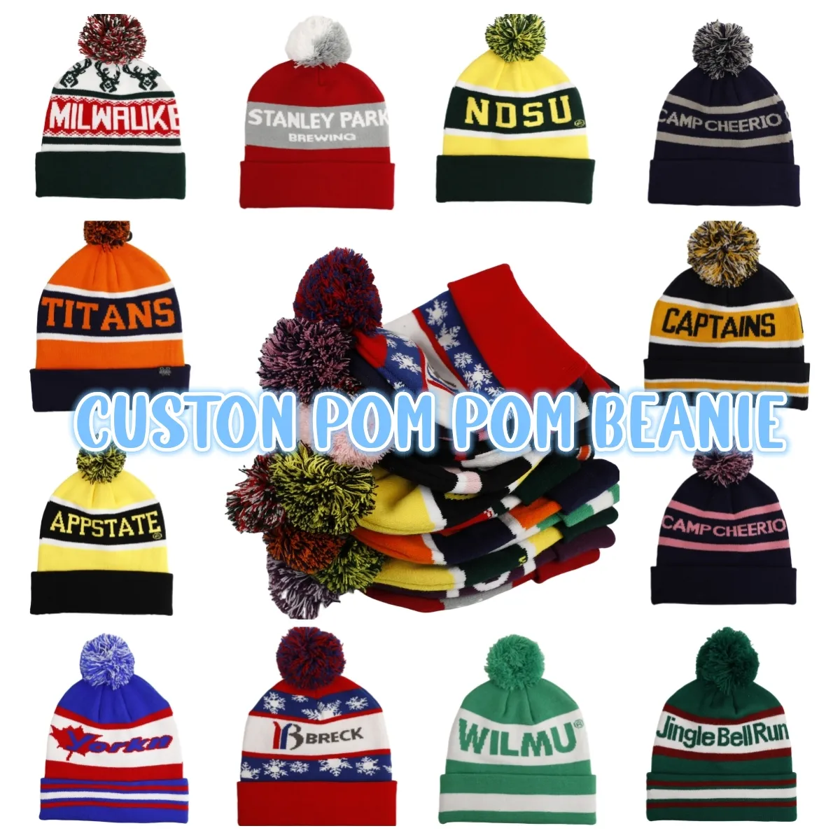 Custom Logo Cuff Beanie Sport Jacquard Knitted Hockey Beanie Hats With Pompoms