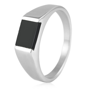 Yunnique Stainless Steel <b>Ring</b> Geometric Quadrilateral Bezel Setting Black Inlay Unisex Fashion Jewelry Gift <b>Silver</b> Tone - Product Image 1