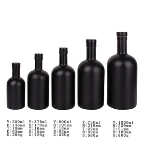 Fabricante personalizado botella de alcohol redonda 375 500ml750ml vodka botella de whisky botella redonda esmerilada negra