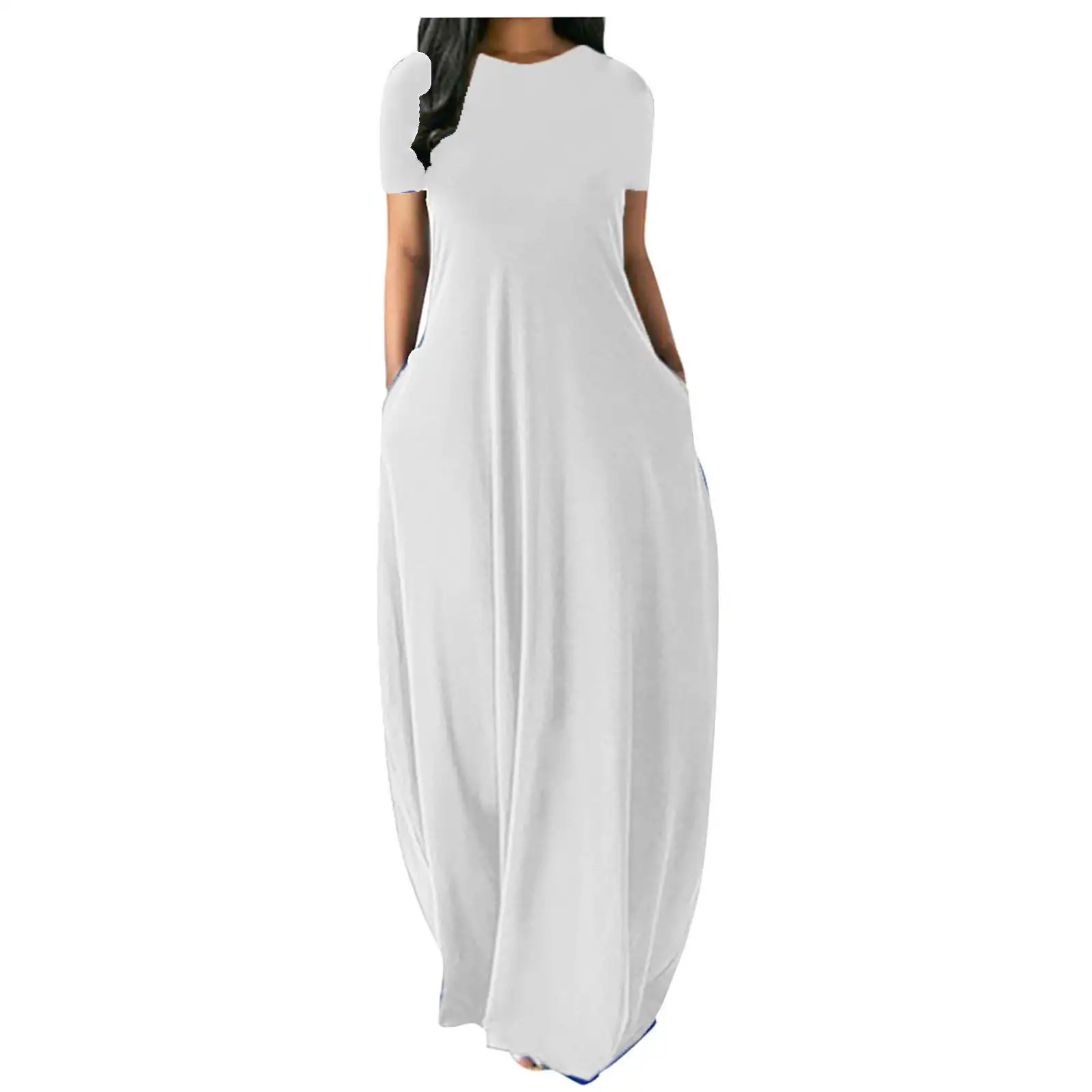 Conyson Hot Summer Maxi Custom Logo Short Sleeve Women Sundress Solid Loose Pockets Ladies Long Dress Women Fashion Casual