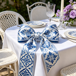 Nœud en satin bleu vintage à motif floral, prêt à l'emploi, pour décoration de mariage côtier, boîte cadeau style chinois, ornement floral extérieur - Product Image 5