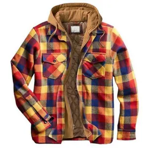 도매 남성 클래식 겨울 긴 소매 버튼 코트 따뜻한 두꺼운 안감 퀼트 패딩 격자 무늬 후드 플란넬 셔츠 자켓