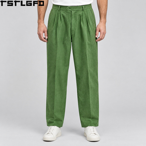 Oem Odm Pleated Tailored <b>Trousers</b> Men Green <b>Linen</b> Relaxed <b>Wide</b> <b>Leg</b> Double Pleat Casual Summer Streetwear Y2K Wholesale Bulk - Product Image 1