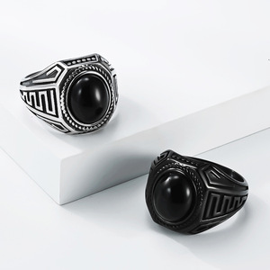 Retro Black Gemstone <b>Titanium</b> Steel <b>Ring</b> For Men Geometric Design Index Finger Jewelry Gift Occasion Stainless Steel - Product Image 5