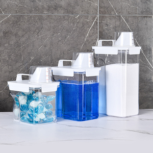 Laundry Soap Dispenser Seal Detergent Softener Powder Storage Bin with Measure Cup and Spout Clear Storage Box for Laundry Roo