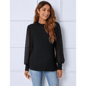 Womens Dressy Sweater Mock Neck <b>Lantern</b> Sleeve Lace Hollow Out Elegant Pullover Business Casual Top - Product Image 4