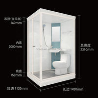 Unité de salle de bain modulaire de luxe pour hôtel, design moderne avec plateau rectangulaire, cabine de douche en verre encadré, toilettes, salle de bain intégrée préfabriquée