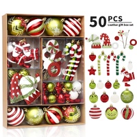 Ensemble de 50 boules de Noël traditionnelles rouges, vertes et blanches, décorations pour arbre de Noël avec décorations incassables Père Noël et canne à sucre