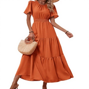 Vestido de mujer de alta calidad 2026, estilo vintage, de primavera, corte holgado, color liso, manga corta, cuello alto, con botones, tejido. - Product Image 2