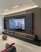 Meuble TV flottant avec tiroirs de rangement et étagères ouvertes, MDF noir moderne pour salon