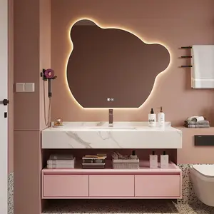 GUCI-Espejo inteligente de oso rosa, mueble de baño montado en la pared, tocador de piedra sinterizada