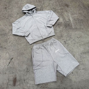 Clothing Manufacturer Custom Grey Sweat Suits Two Piece <b>Set</b> Jogging Suit Men Contrast Stitch Zip up Hoodies and Shorts <b>Set</b> - Product Image 1
