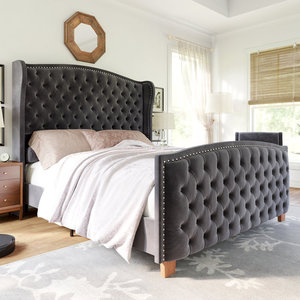 <span class=keywords><strong>Lit</strong></span> à cadre en bois massif Kainice, taille Queen, gris/noir, moderne, avec coussin double en mousse douce bouclée, cadre <span class=keywords><strong>de</strong></span> <span class=keywords><strong>lit</strong></span> incurvé avec rangement effet diamant froissé - Product Image 5