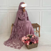 J-258 Abaya de Dubaï de Luxe Faite à la Main, Cardigan Élégant en Dentelle Florale et Perles, Robes Modestes pour Femmes Musulmanes avec Hijab Assorti