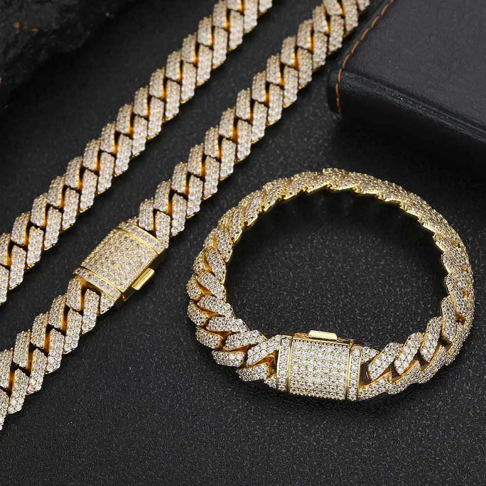Hip Hop perhiasan 12mm cabang berlian rantai Kuba gelang putih berlapis emas rantai Kuba kalung untuk pria dan wanita