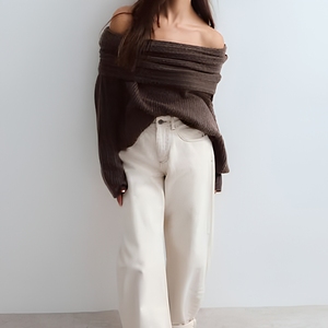Custom OEM <strong>Women</strong> Off Shoulder Knitted Sweaters Factory Wholesale Brown Oversized Ribbed Loose Casual Pullover <strong>Jumper</strong> - Product Image 2
